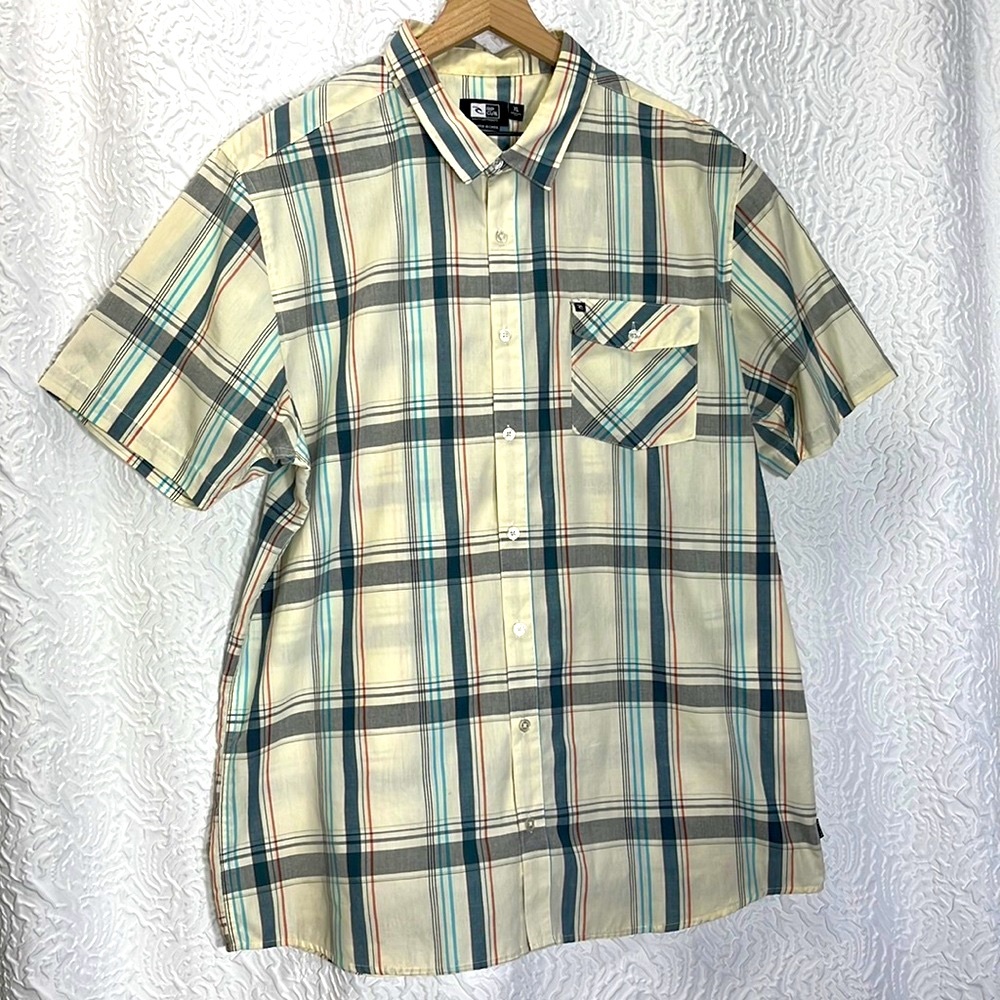 Rip Curl Men's XL Plaid Short Sleeve Button Down Casual Surf Shirt Yellow Teal